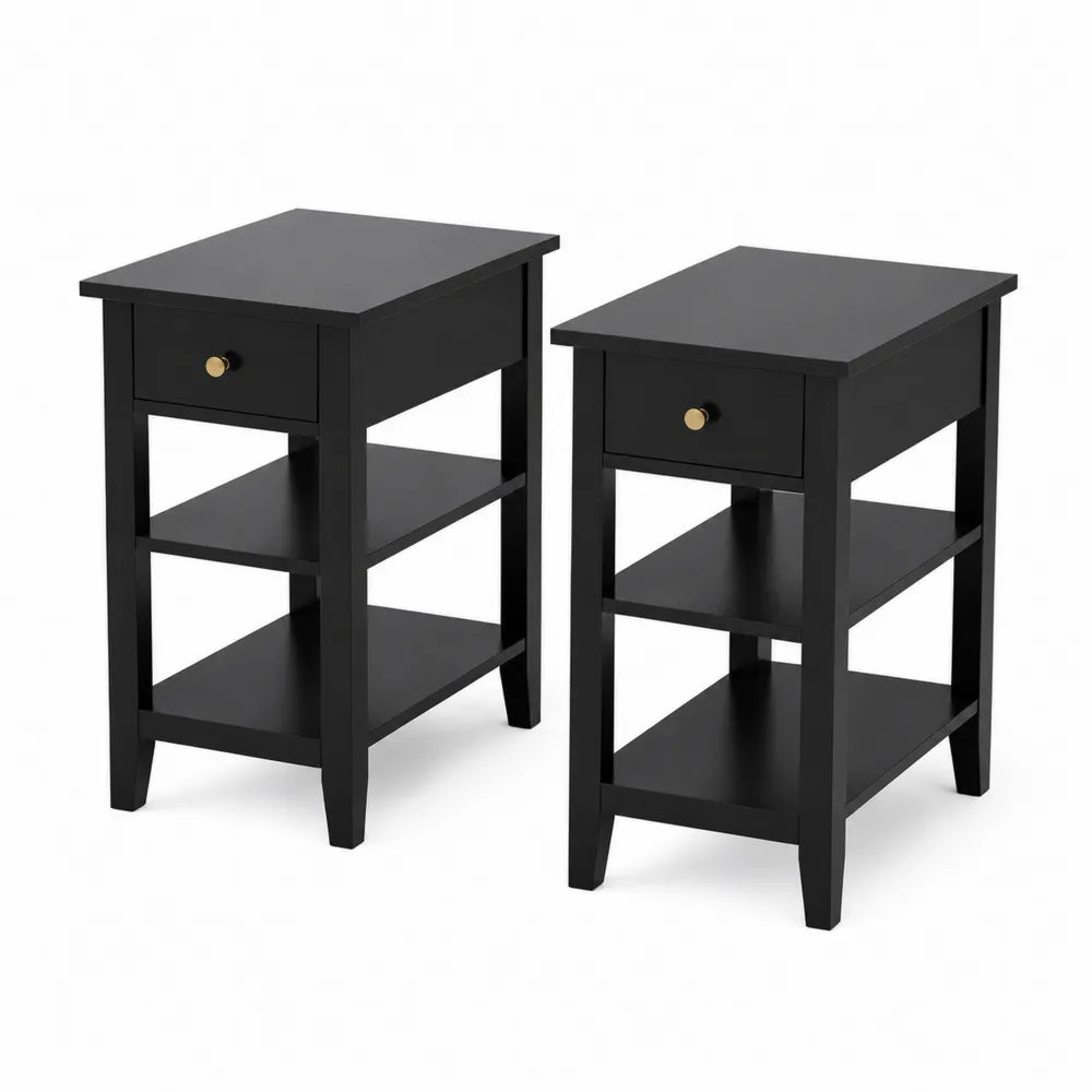 Schwarze Holz-Nachttische mit Schublade und Regalen, 2er Set