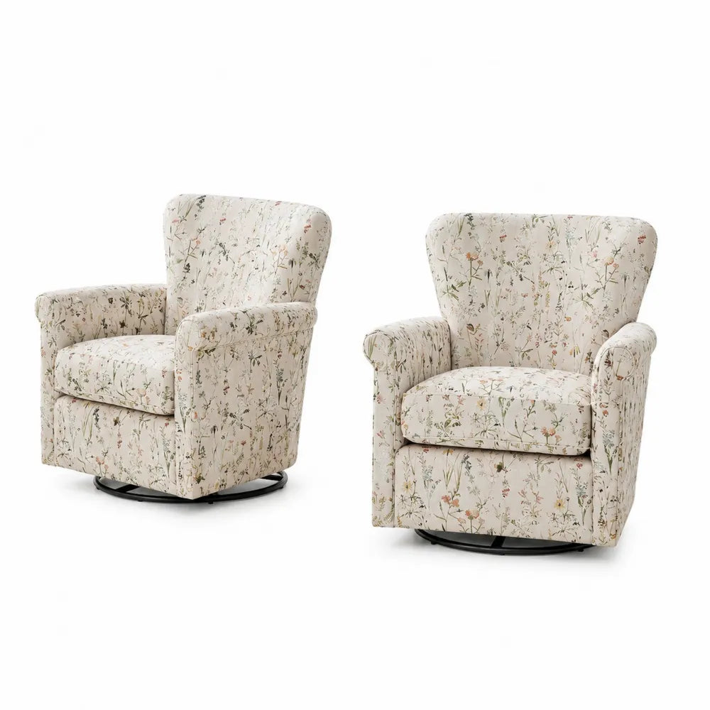 2er Set Drehsessel aus Baumwolle mit Blumenmuster, Creme