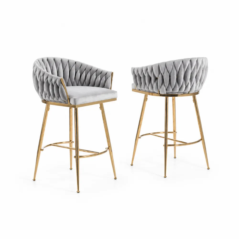 Barhocker Set aus Samt mit Rücklehne und Metallgestell in Grau und Gold