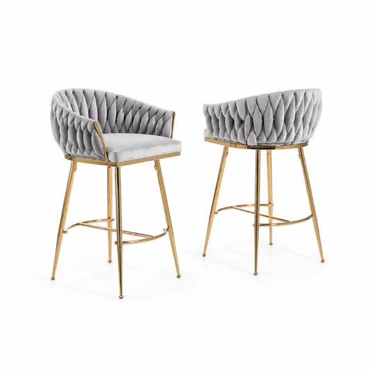 Barhocker Set aus Samt mit Rücklehne und Metallgestell in Grau und Gold