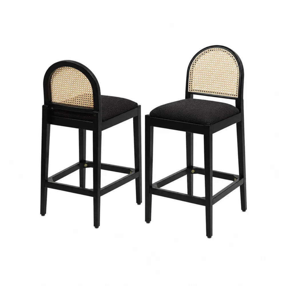 Set aus 2 Barhockern, Holz, Polyestergewebe und Rattan, Schwarz