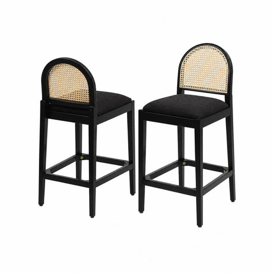 Set aus 2 Barhockern, Holz, Polyestergewebe und Rattan, Schwarz