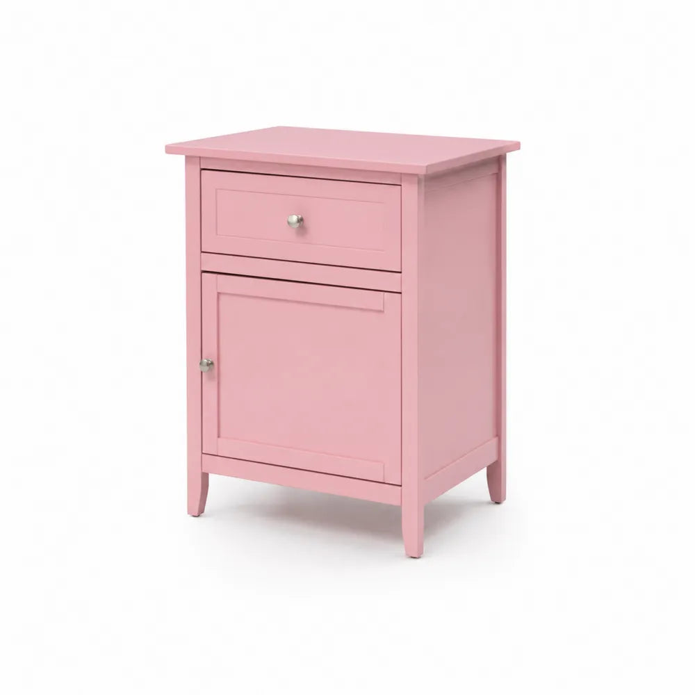 Rosa Holz-Nachttisch mit Schublade und Schrank
