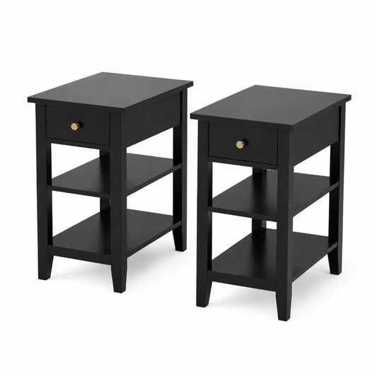 Schwarze Holz-Nachttische mit Schublade und Regalen, 2er Set