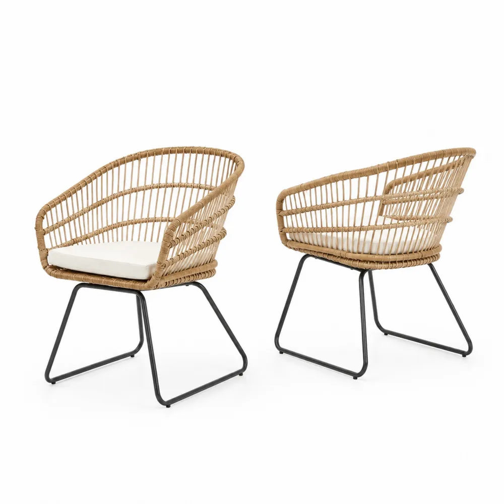 2er-Set Rattan-Metall Stühle mit Armlehnen Beige